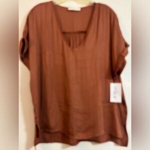By Together Elegant Brown V-Neck Blouse Oversized S/M